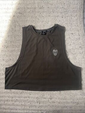 Cropped Sleeveless Tank Top in Olive with Skull Graphic